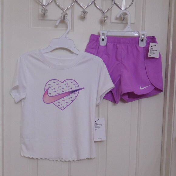 NWT 2pc Nike White Pink Purple Swoosh Logo Top & Purple Shorts Set sz 6X - Picture 1 of 1